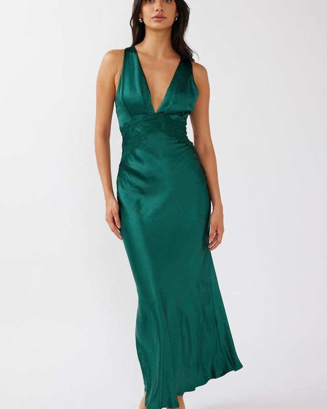 Green Lace Trim Tied Back Maxi Dress