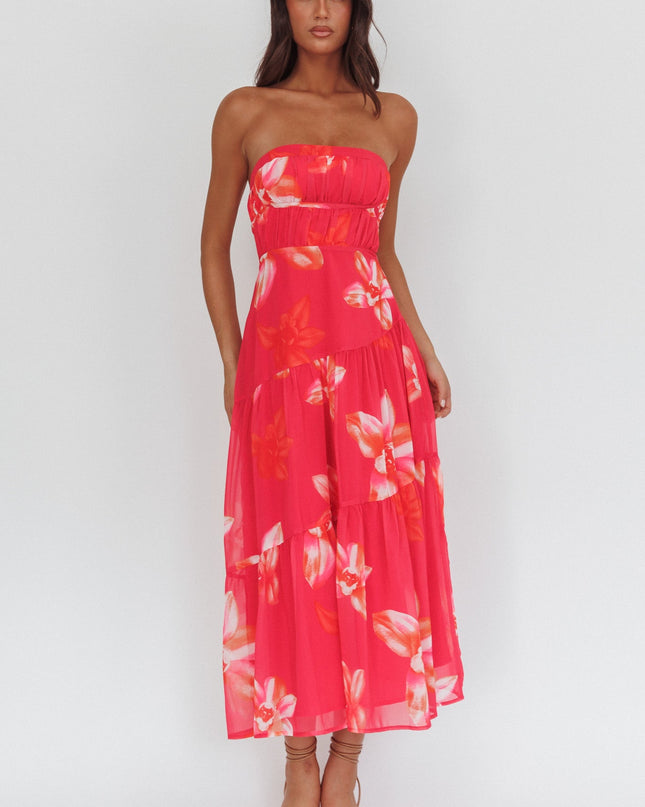 Pink Strapless Strappy Back Midi Length Floral
