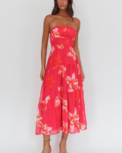 Pink Strapless Strappy Back Midi Length Floral