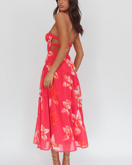 Pink Strapless Strappy Back Midi Length Floral
