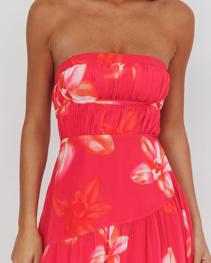 Pink Strapless Strappy Back Midi Length Floral