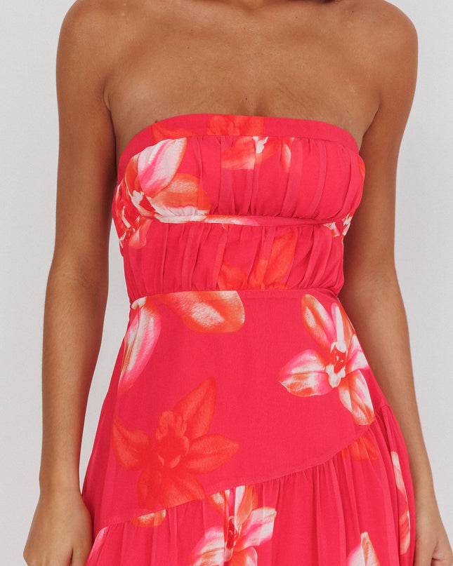 Pink Strapless Strappy Back Midi Length Floral
