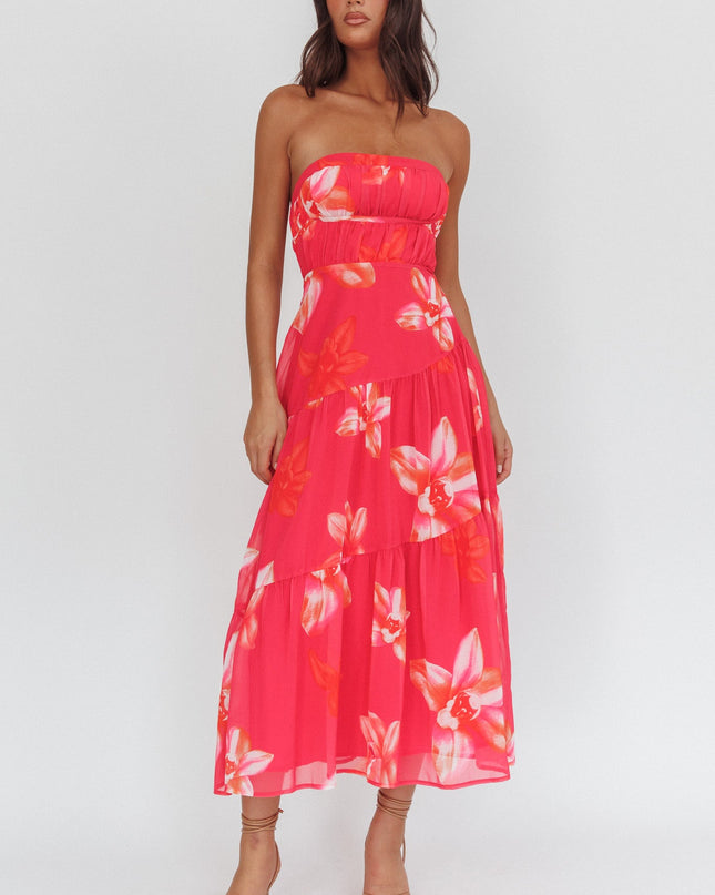 Pink Strapless Strappy Back Midi Length Floral