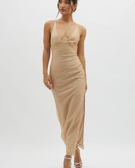 Champagne Plunging Halterneck Maxi Dress