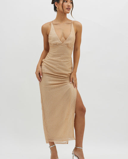 Champagne Plunging Halterneck Maxi Dress