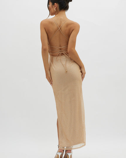 Champagne Plunging Halterneck Maxi Dress