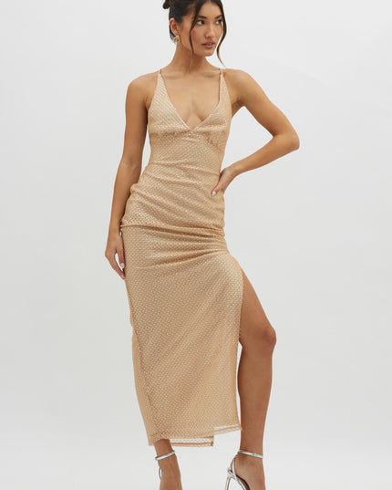 Champagne Plunging Halterneck Maxi Dress