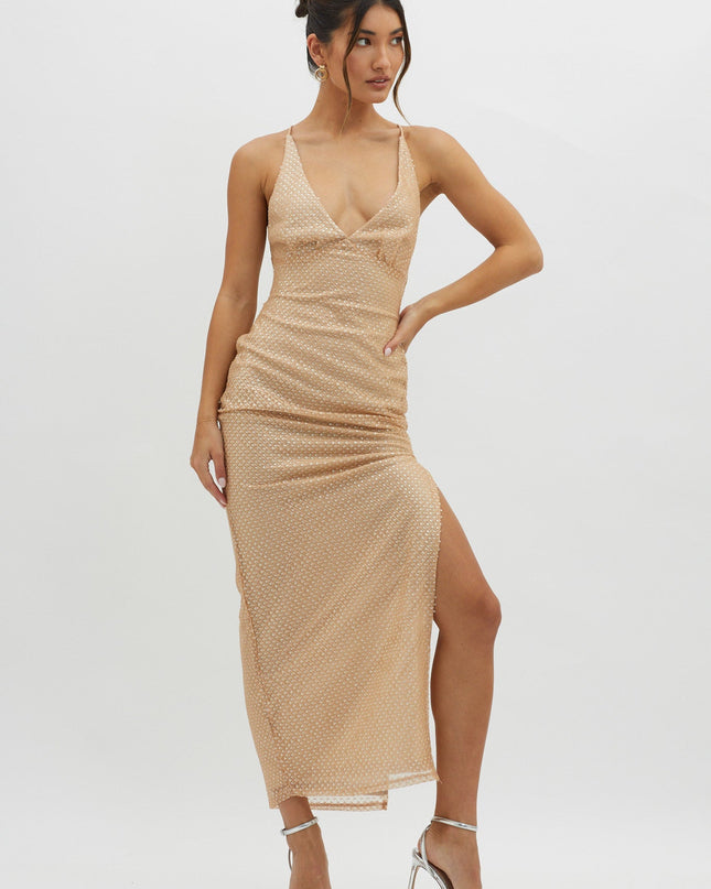 Champagne Plunging Halterneck Maxi Dress