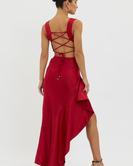 Red Lace-Up Back Maxi Dress