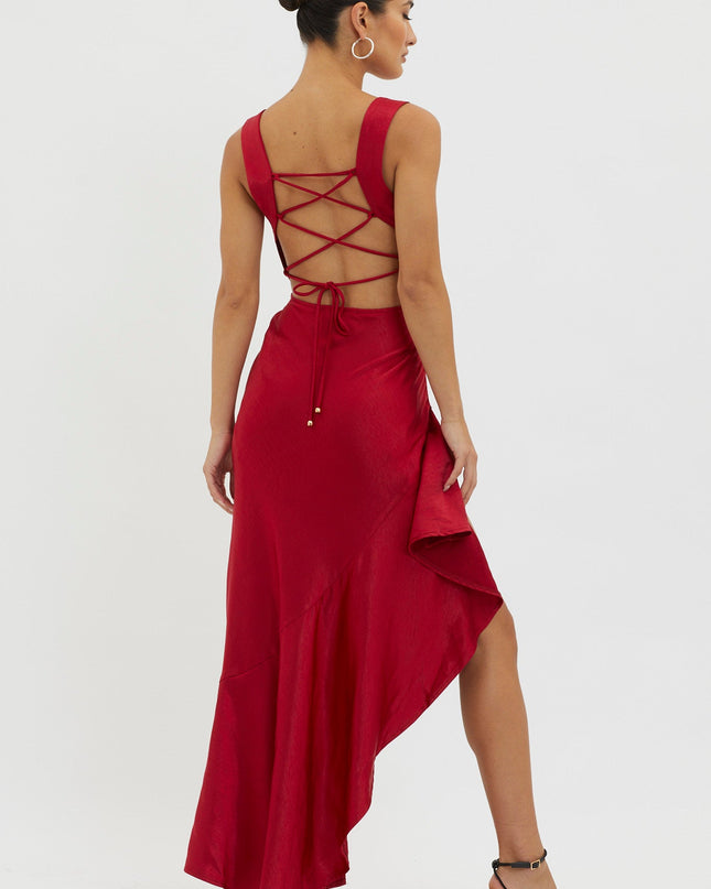 Red Lace-Up Back Maxi Dress
