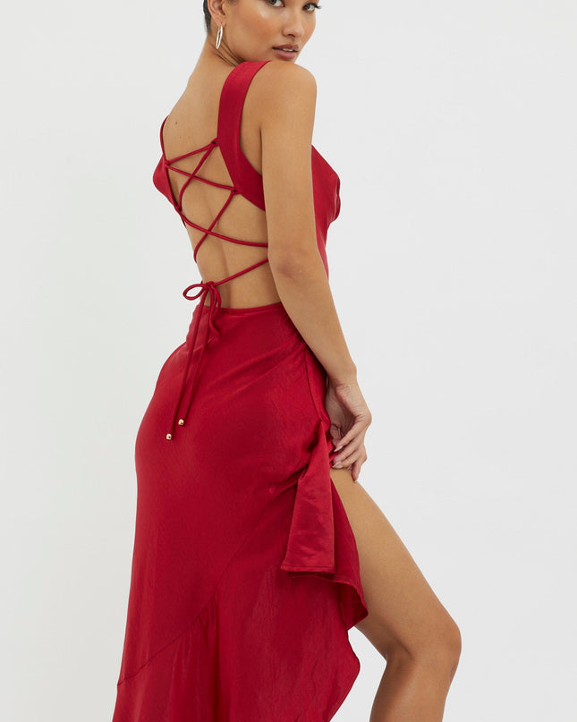 Red Lace-Up Back Maxi Dress