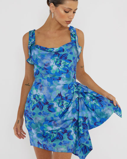 Blue Heart Beat Ruffle Trim Mini Dress