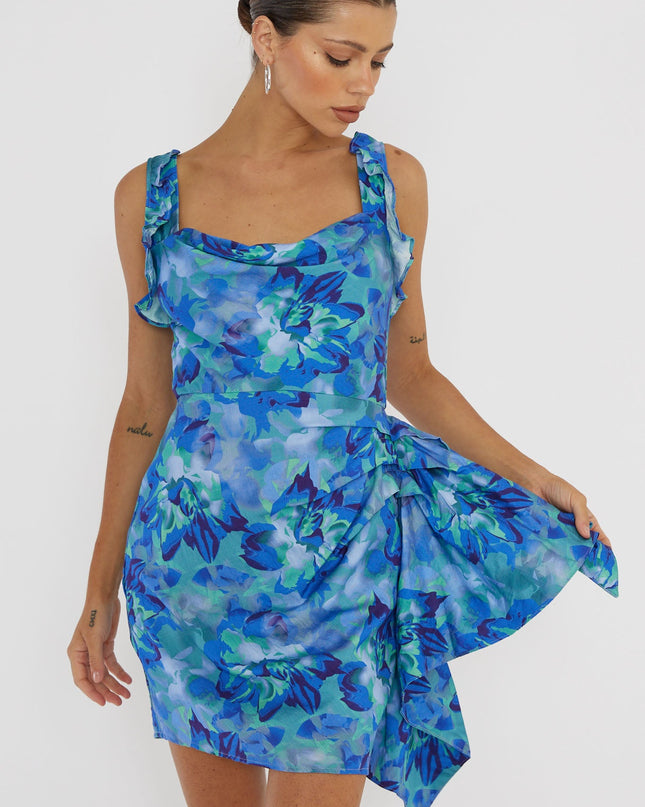 Blue Heart Beat Ruffle Trim Mini Dress