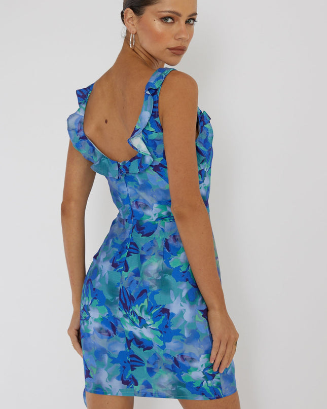 Blue Heart Beat Ruffle Trim Mini Dress