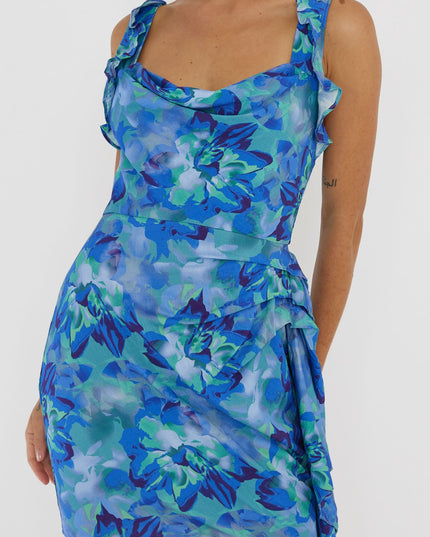 Blue Heart Beat Ruffle Trim Mini Dress
