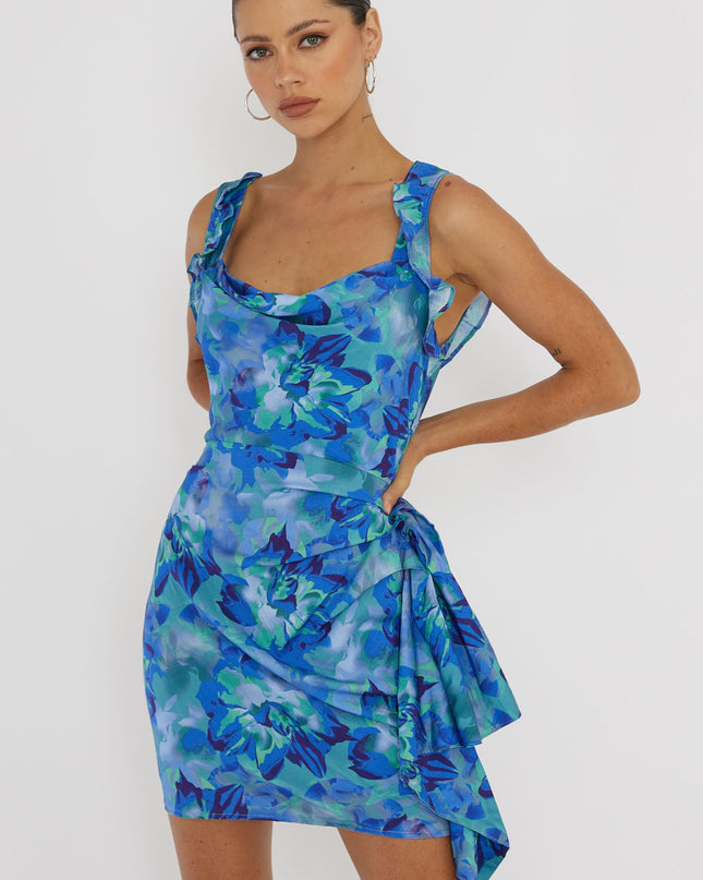 Blue Heart Beat Ruffle Trim Mini Dress