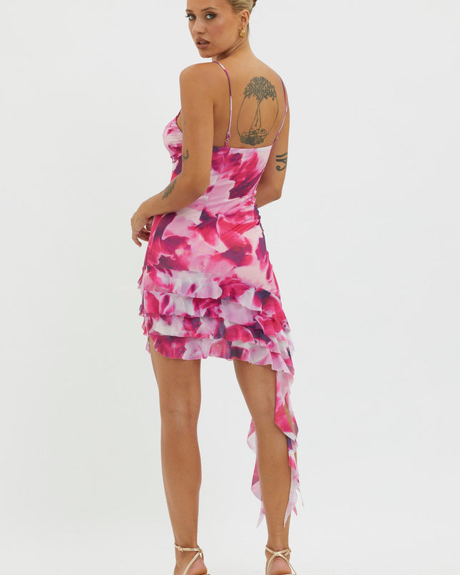 Pink Ruffle Trim Mini Dress