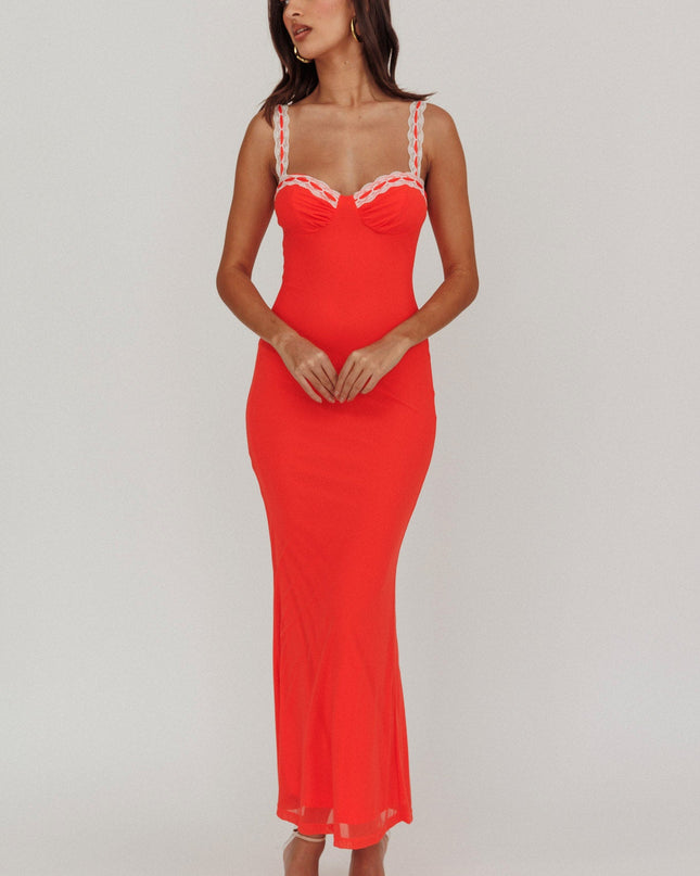Red Lace Strap Maxi Dress
