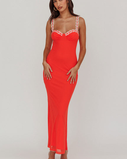 Red Lace Strap Maxi Dress