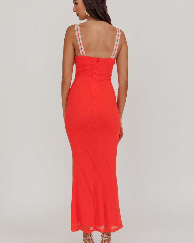 Red Lace Strap Maxi Dress