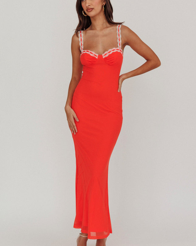 Red Lace Strap Maxi Dress