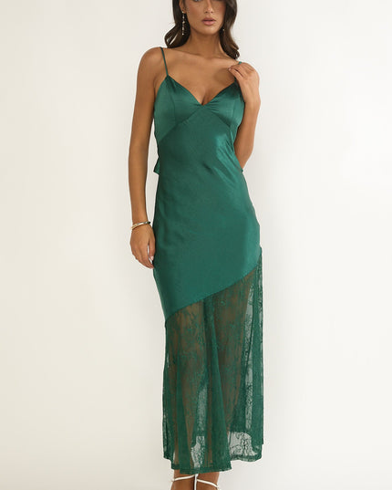 Forest Green Tied Back Lace Hem Dress