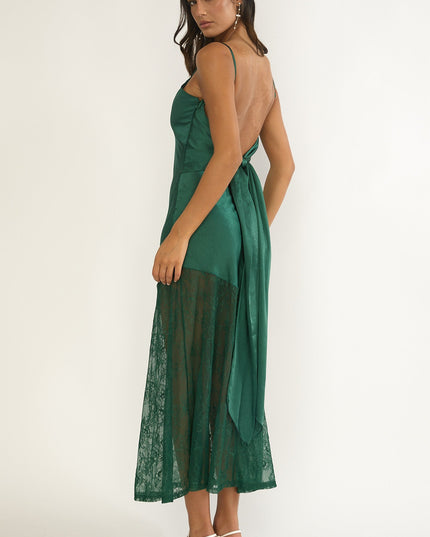 Forest Green Tied Back Lace Hem Dress