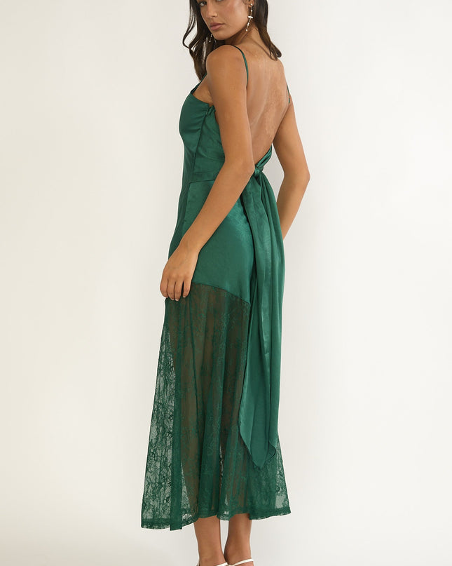 Forest Green Tied Back Lace Hem Dress