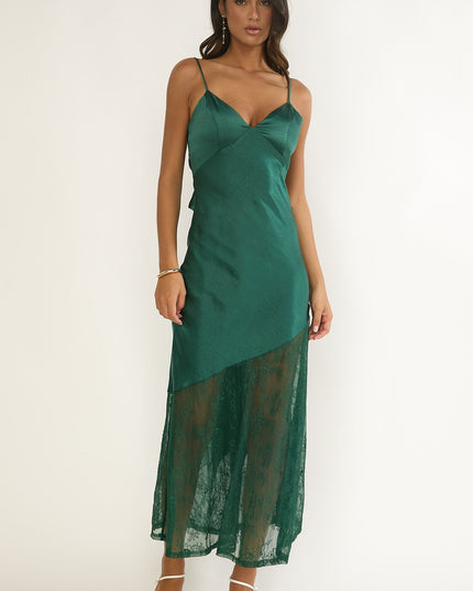 Forest Green Tied Back Lace Hem Dress