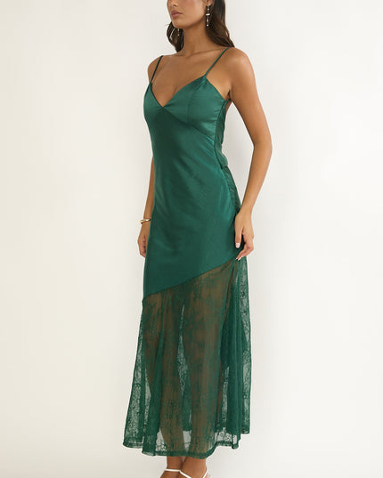 Forest Green Tied Back Lace Hem Dress