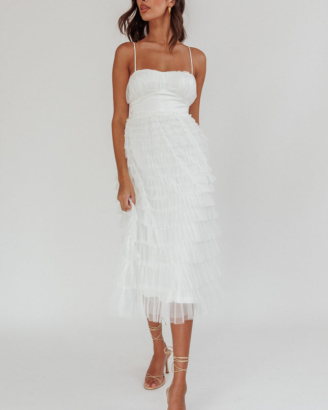 White Tiered Frill Midi Dress