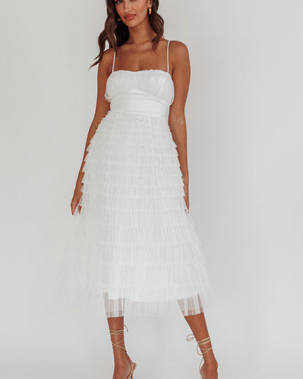White Tiered Frill Midi Dress