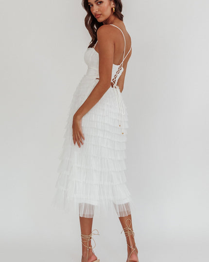 White Tiered Frill Midi Dress