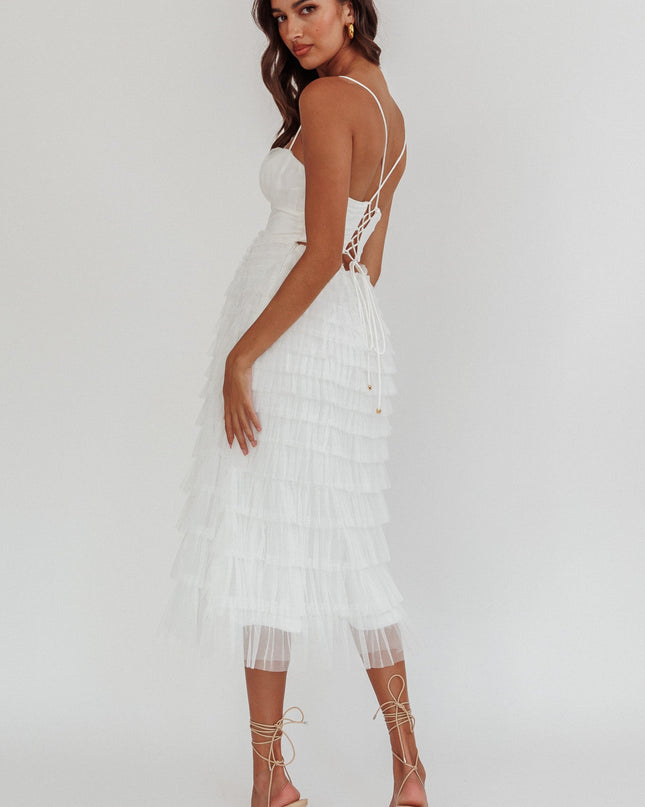 White Tiered Frill Midi Dress