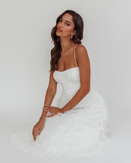 White Tiered Frill Midi Dress
