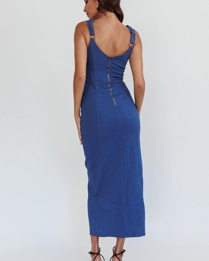 Denim Pocket Front Midi Dress
