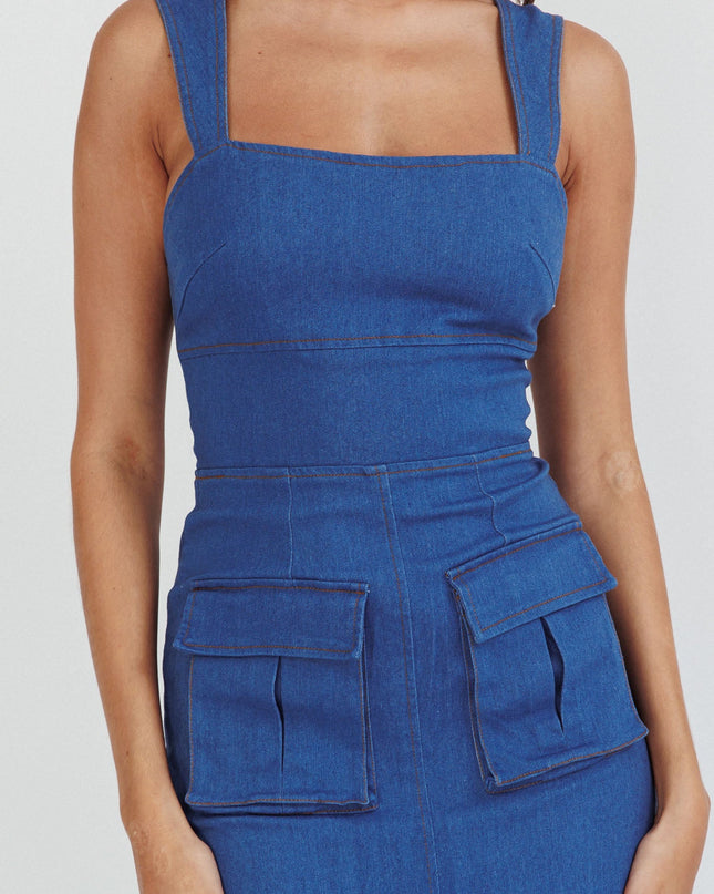 Denim Pocket Front Midi Dress