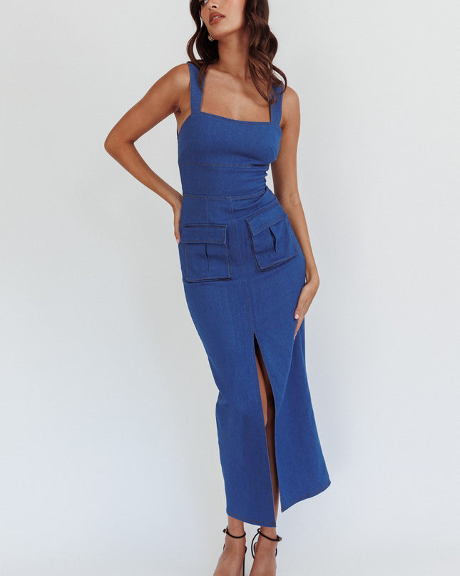 Denim Pocket Front Midi Dress