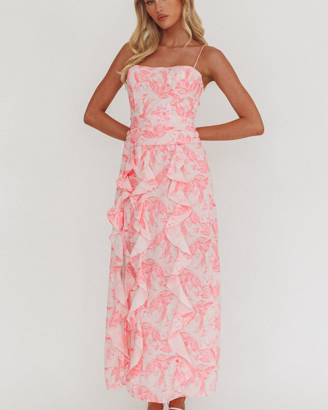Pink Ruffle Trim Split Maxi Dress