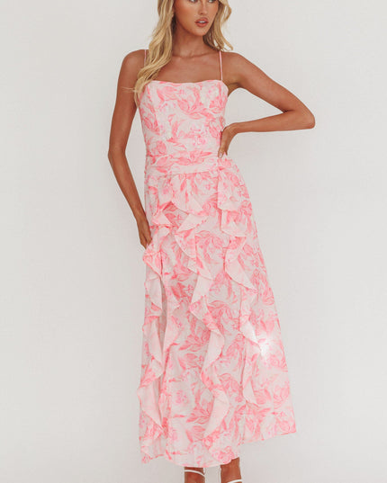 Pink Ruffle Trim Split Maxi Dress