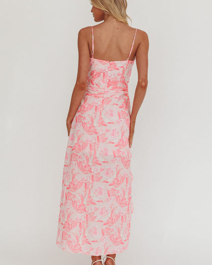 Pink Ruffle Trim Split Maxi Dress