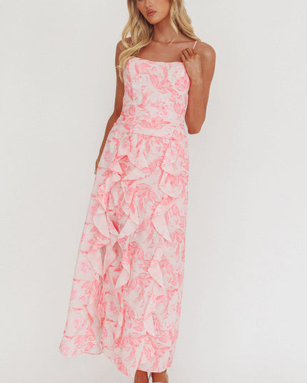 Pink Ruffle Trim Split Maxi Dress