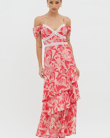 Red Off-Shoulder Crochet Trim Dress Print