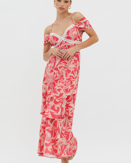 Red Off-Shoulder Crochet Trim Dress Print