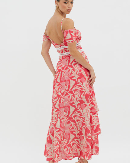 Red Off-Shoulder Crochet Trim Dress Print