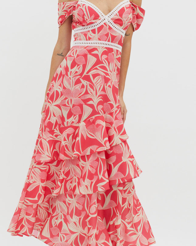 Red Off-Shoulder Crochet Trim Dress Print