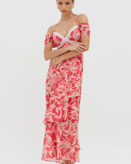 Red Off-Shoulder Crochet Trim Dress Print