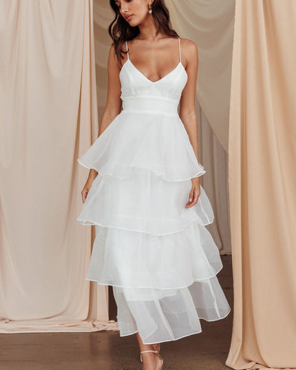White You Tiered Ruffle Midi Dress