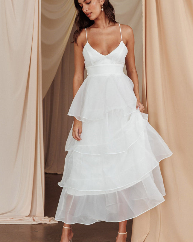 White You Tiered Ruffle Midi Dress