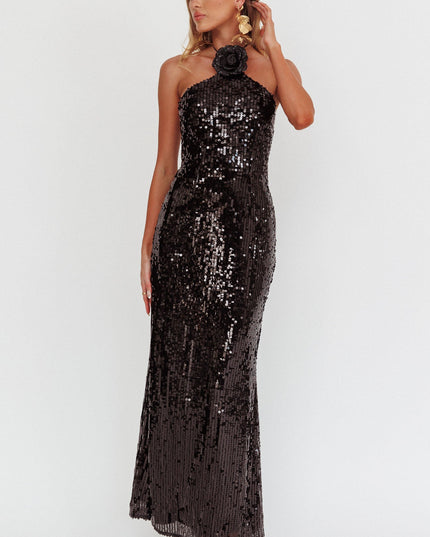 Black High Roller Flower Decoration Halter Dress Sequin